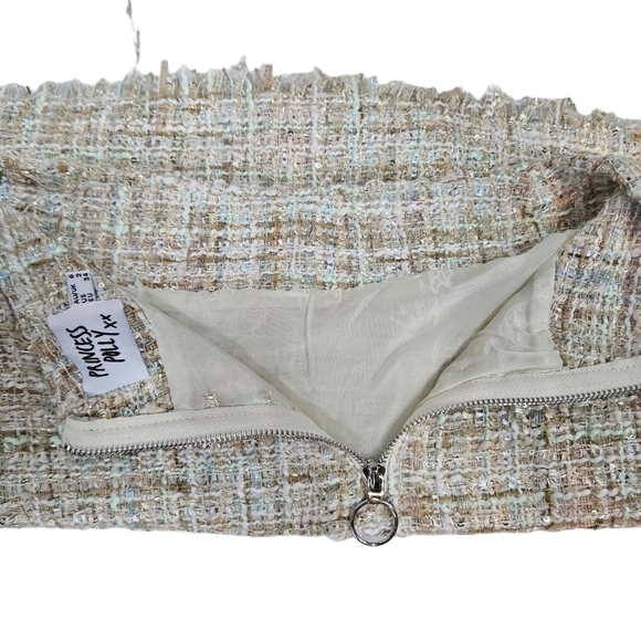 Princess Polly Cream Gold Kimberly Tweed High Waisted Mini Skirt Size 4‎ Women's - Picture 6 of 10